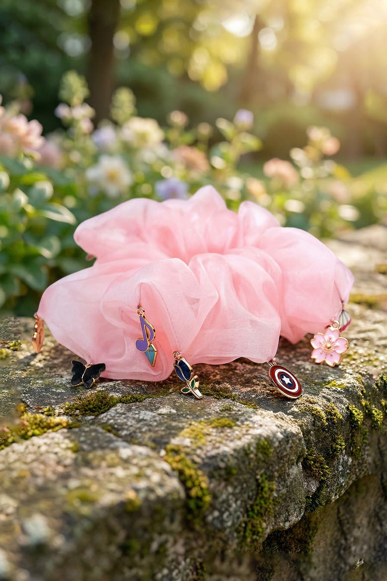Oversized Organza Scrunchie with Charms - Pink, Alternate, color, Pink
