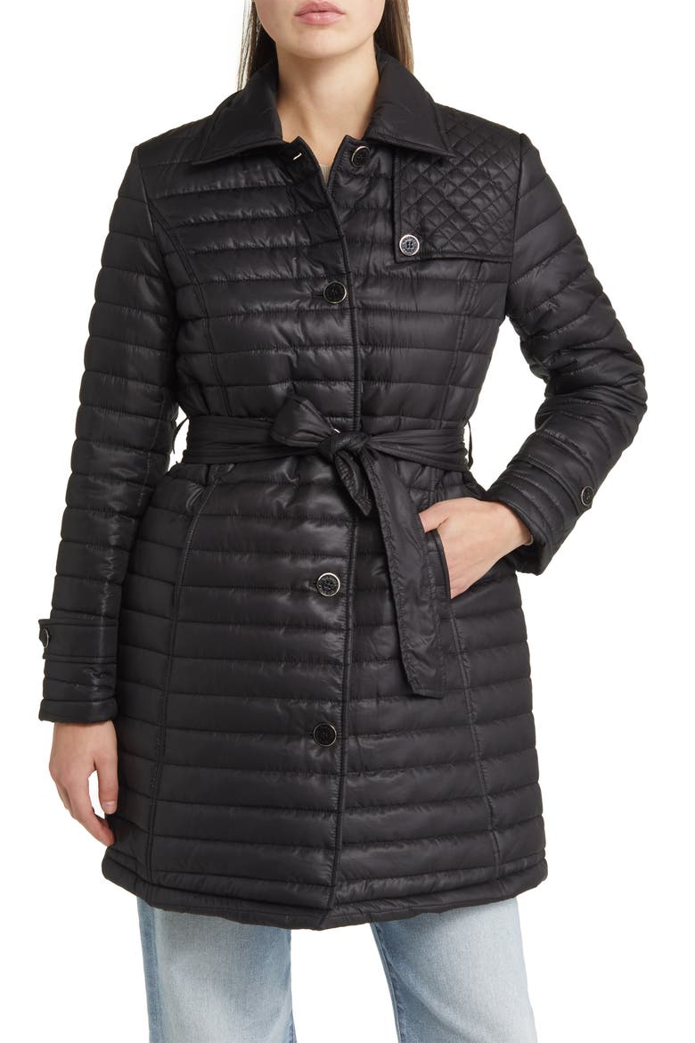 Water Resistant Quilted Trench Coat, Main, color, BLACK