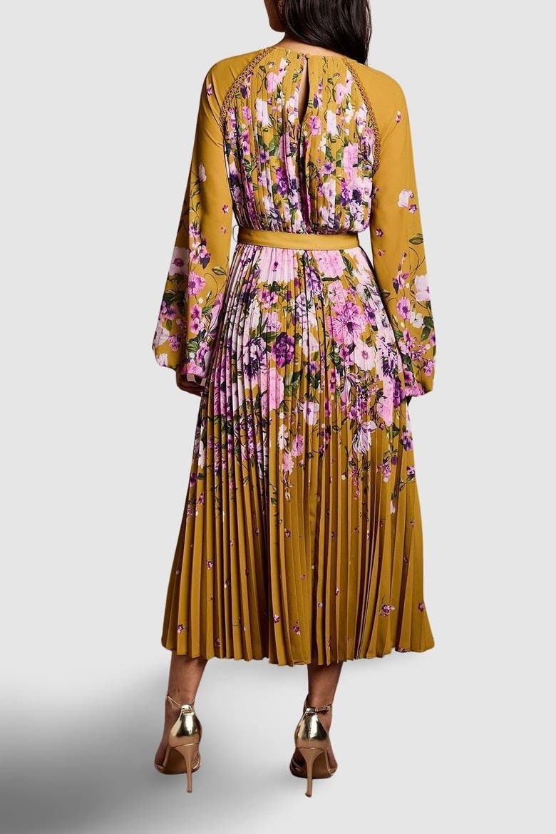 Floral Pleated Georgette Midi Dress, Alternate, color, Mustard