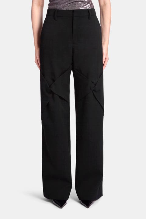 Draped Knee Black Wool Trouser