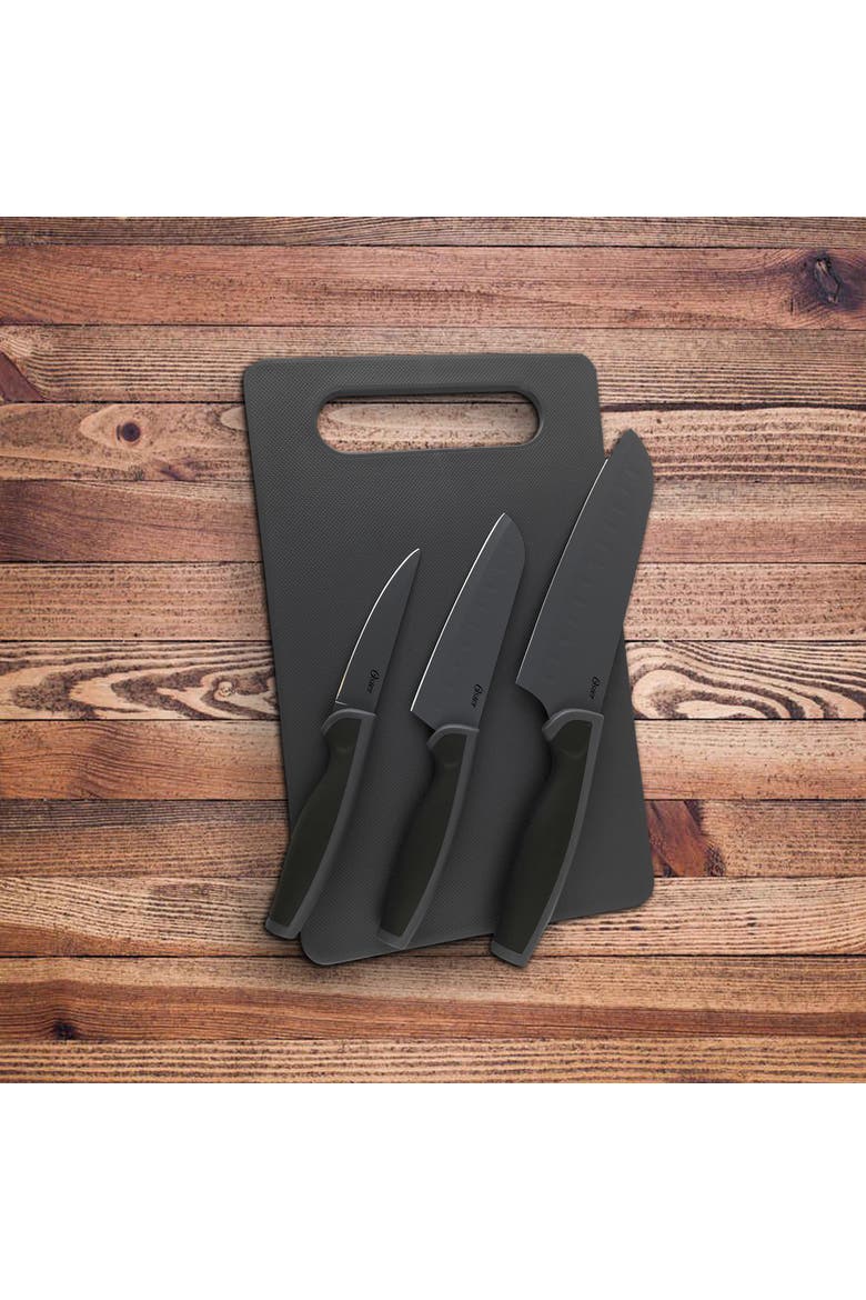 4 Piece Cutlery Knife Set with Cutting Board, Alternate, color, Black