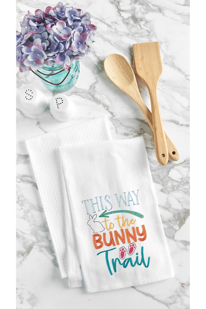 "This Way to the Bunny Trail" Easter Rabbit Spring Theme Kitchen Dishtowel, Alternate, color, White