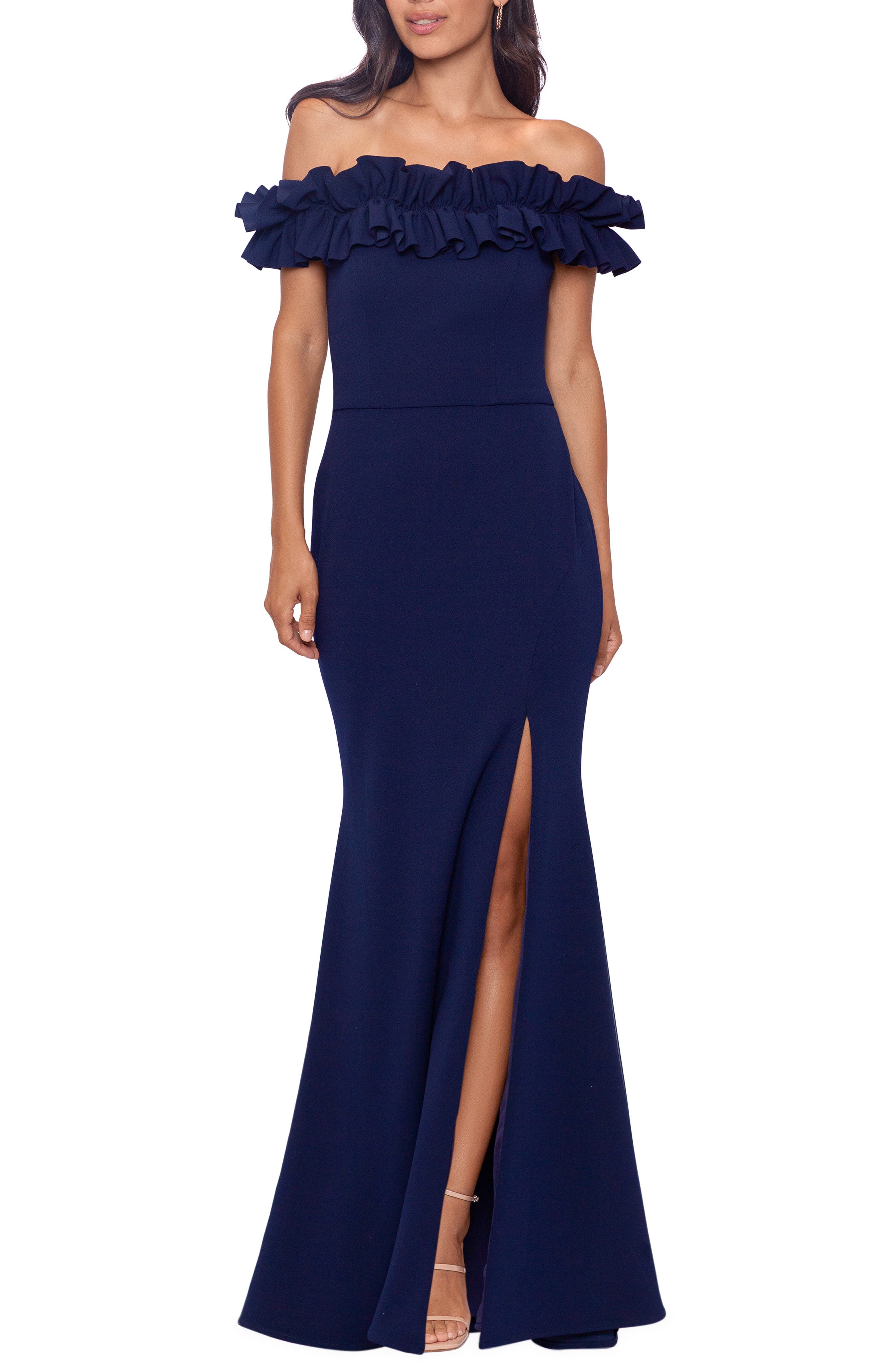 Xscape Evenings Off the Shoulder Ruffle Crepe Trumpet Gown