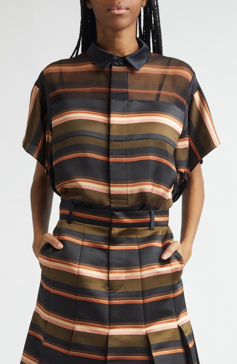 Short Sleeve Mixed Media Button-Up Shirt