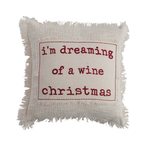 Cotton Slub Pillow with Applique, Embroidery & Fringe, Natural & Red