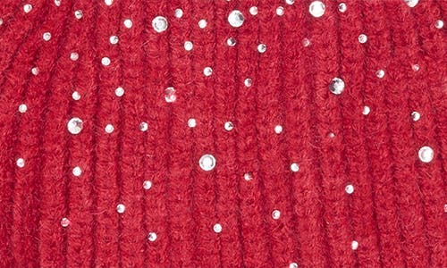 Nanette Lepore Scattered Rhinestone Beanie With Faux Fur Pompom In Red