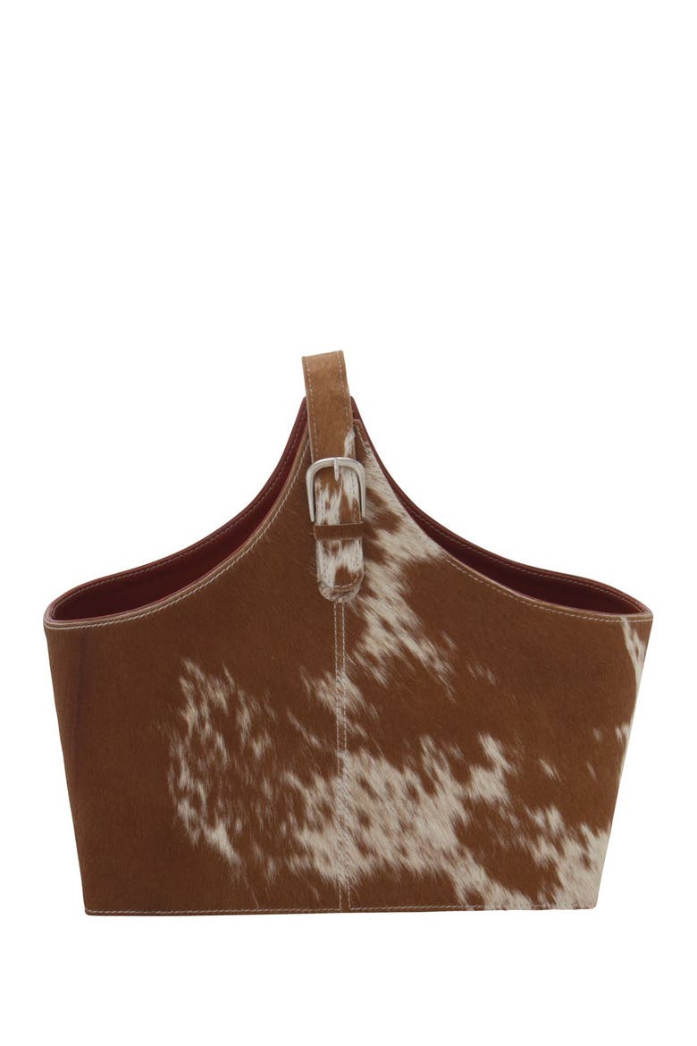 Dark Brown Genuine Goat Hair & Leather Magazine Holder with Detail Stitching & Curved Handles, Main, color, BROWN