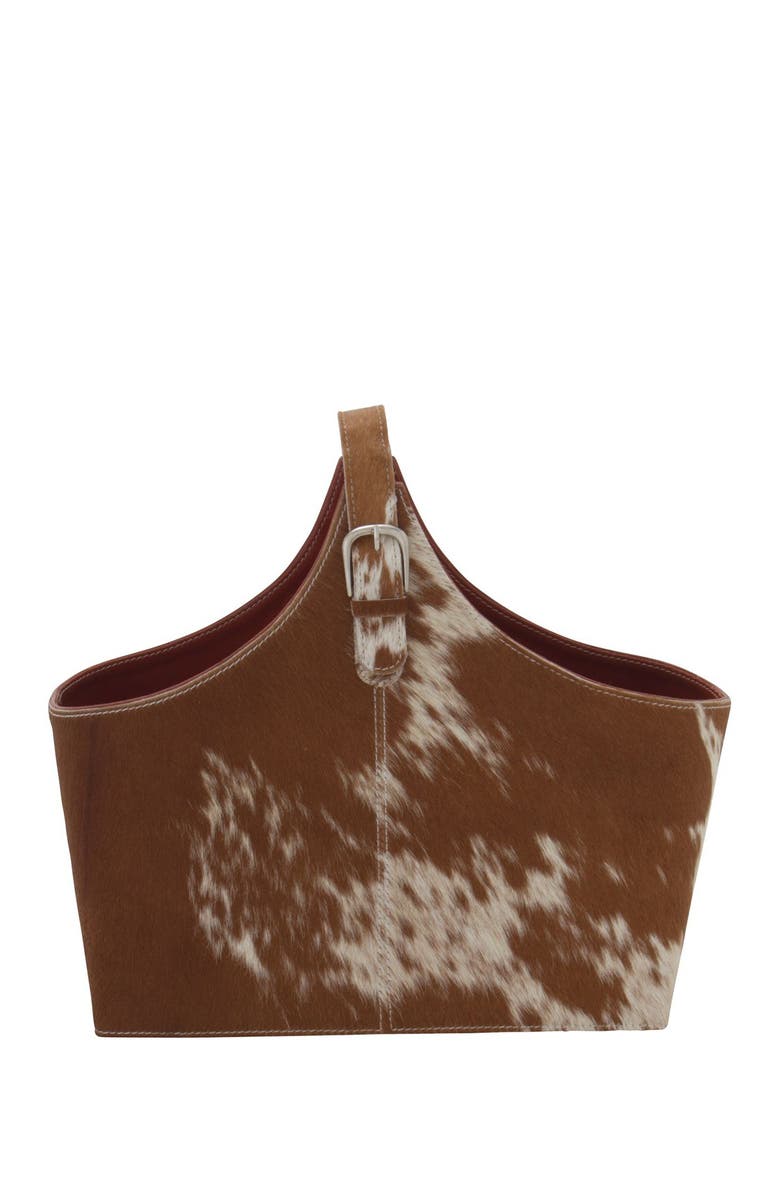 SONOMA SAGE HOME Dark Brown Genuine Goat Hair & Leather Magazine Holder with Detail Stitching & Curved Handles, Main, color, Brown