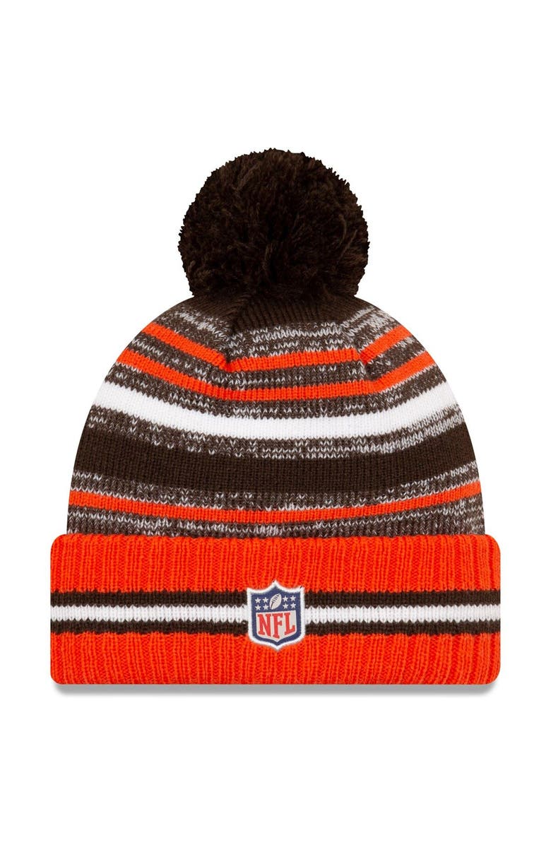 New Era Men's New Era Brown/Orange Cleveland Browns 2021 NFL Sideline Sport Official Pom Cuffed Knit Hat, Alternate, color, 