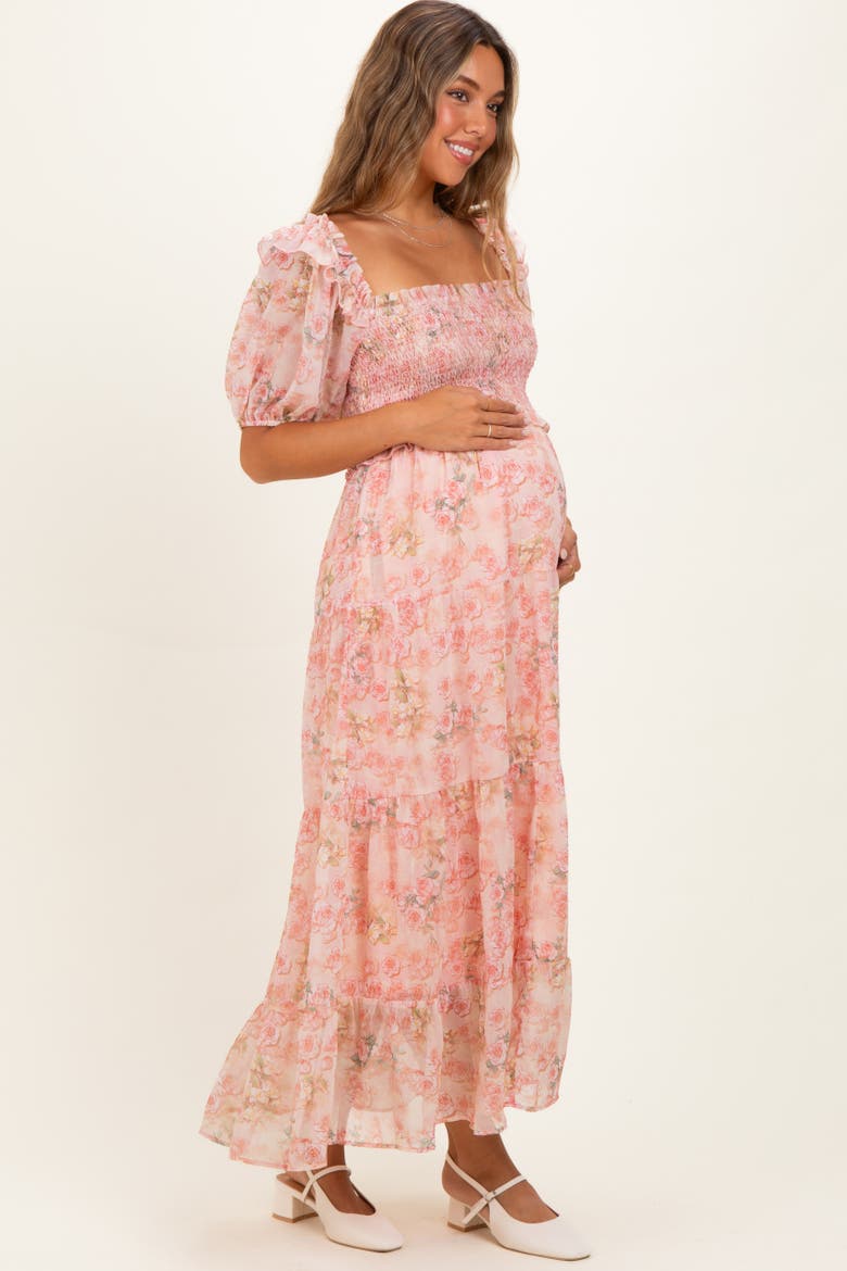 Floral Chiffon Smocked Maxi Dress, Alternate, color, Pink