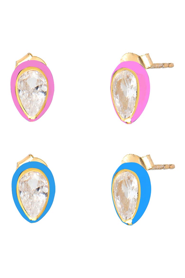 14K Gold Plated Sterling Silver Enamel Pear CZ Stud Earrings Set, Main, color, GOLD