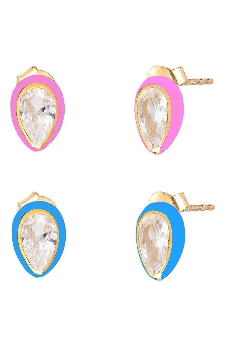 GABI RIELLE 14K Gold Plated Sterling Silver Enamel Pear CZ Stud Earrings Set, Main, color,