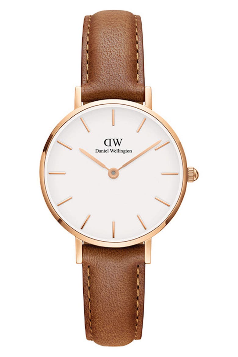 Classic Petite Leather Strap Watch, 28mm, Main, color, LIGHT BROWN/ WHITE/ ROSE GOLD