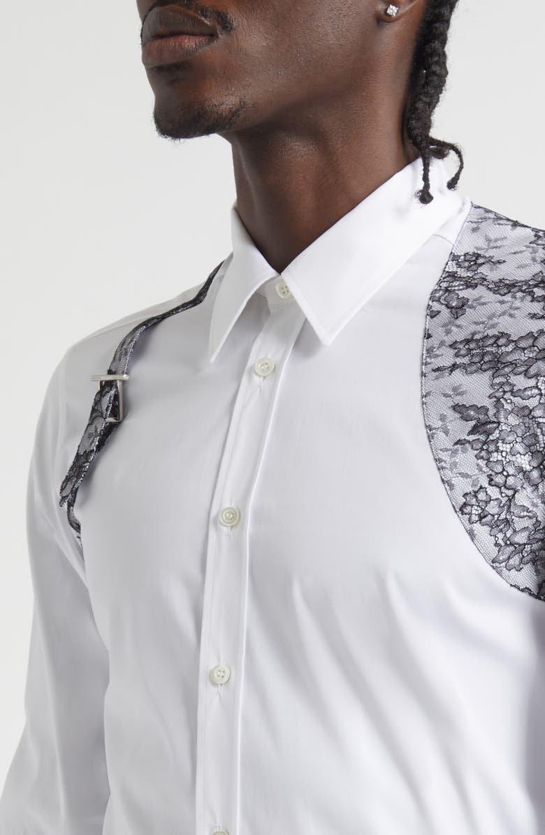 McQueen Lace Detail Harness Strap Cotton Poplin Button-Up Shirt, Alternate, color, Opticalwhite