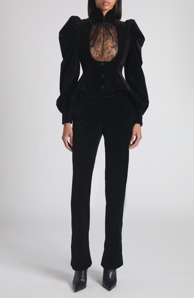 McQueen Lace Detail Velveteen Peplum Jacket, Alternate, color,