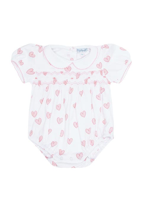 Pink Heart Print Smocked Bubble - Baby