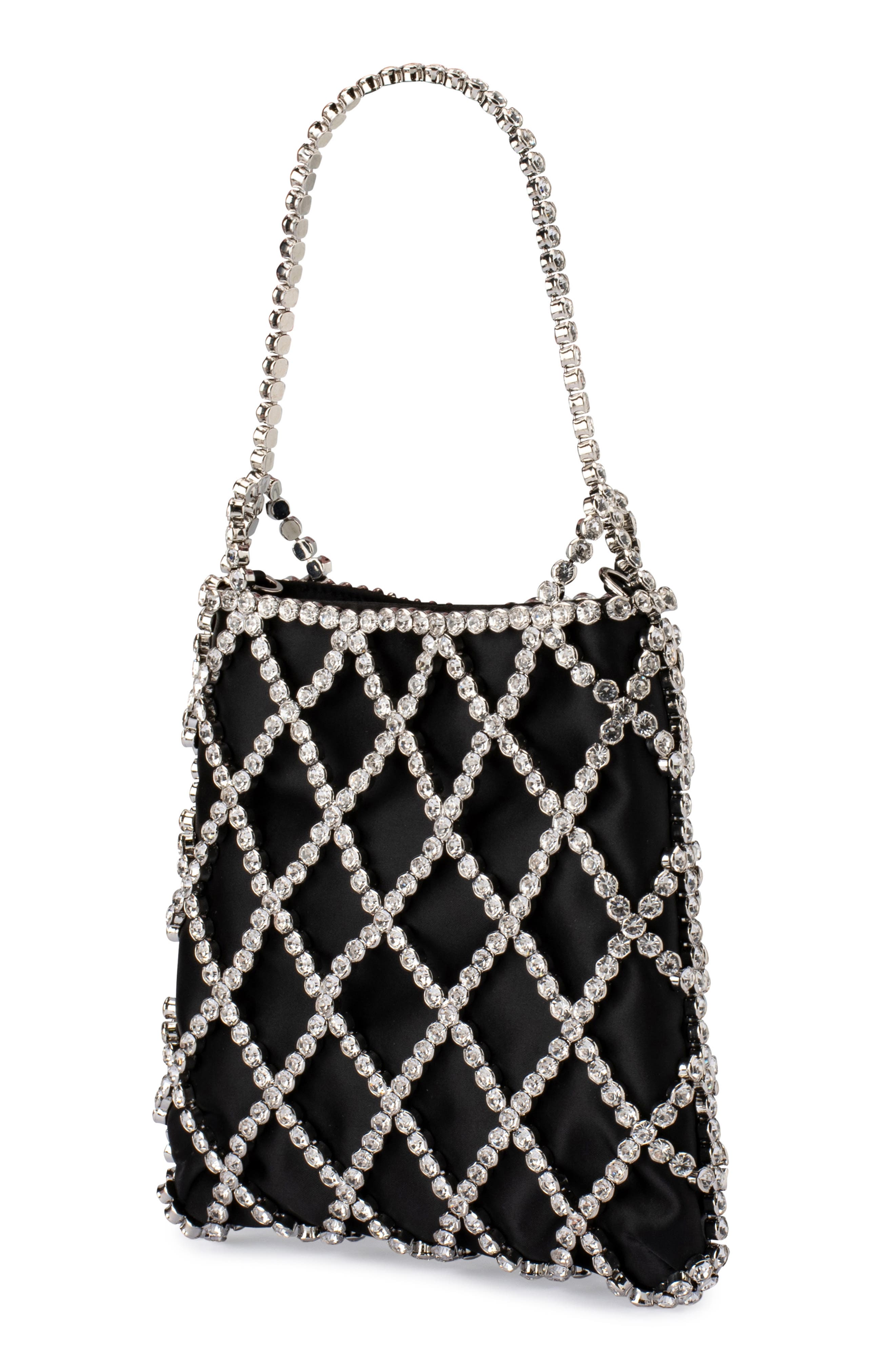 Olga Berg Kit Crystal Cage Satin Evening Bag, Alternate, color, Black
