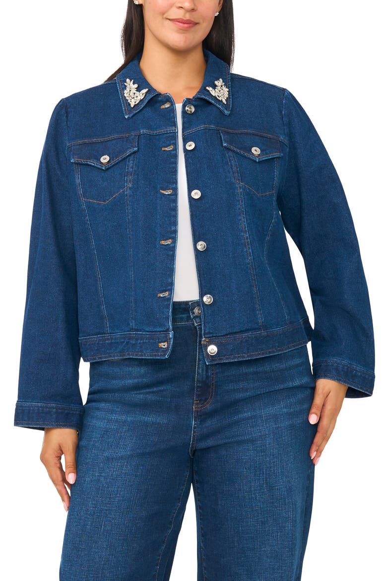 Crystal Collar Puff Sleeve Denim Jacket, Alternate, color, MID INDIGO