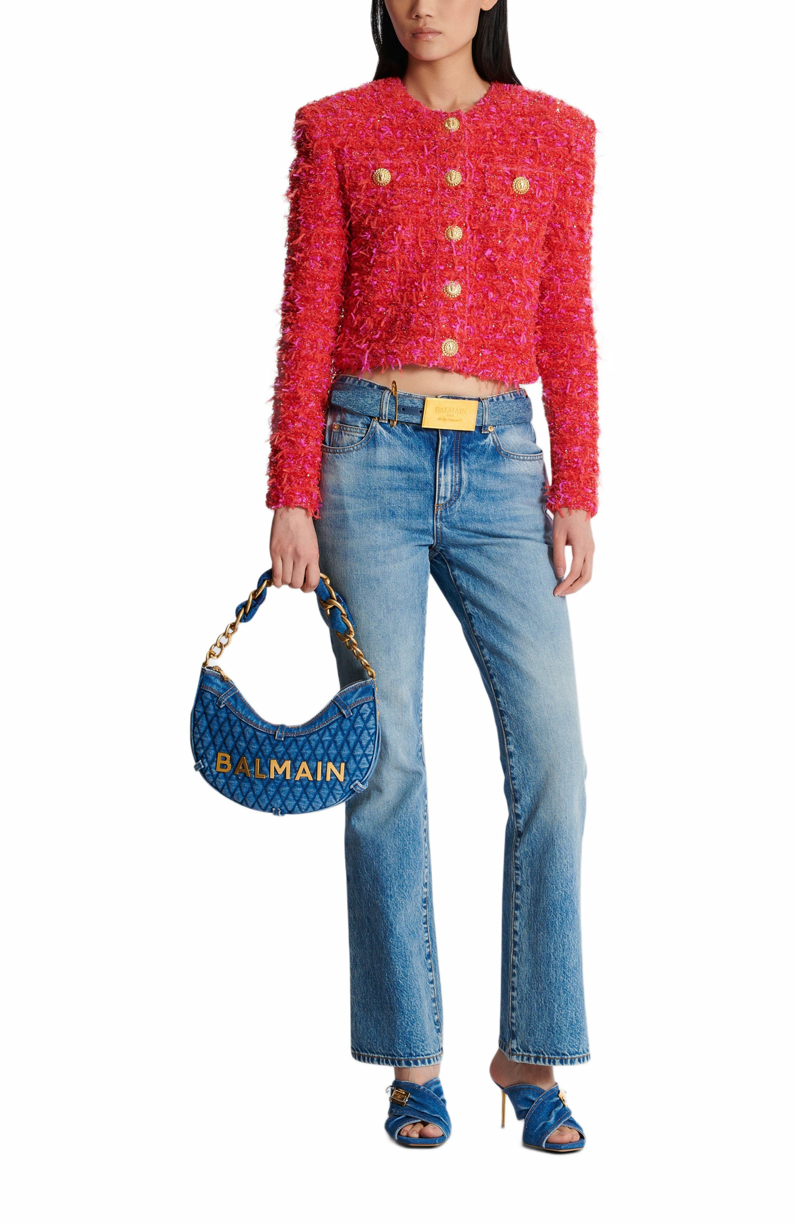 Balmain 1945 Soft Moon Bag In Diamond-Quilted Denim, Alternate, color, 