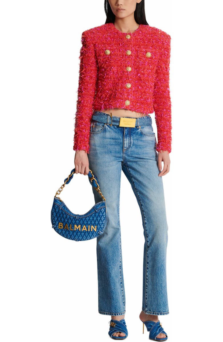 Balmain 1945 Soft Moon Bag In Diamond-Quilted Denim, Alternate, color,