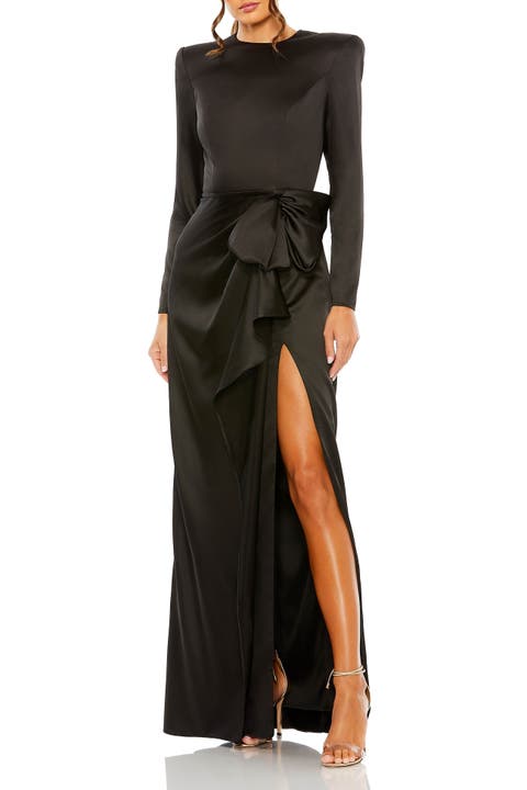 Petite Long Sleeve Satin Structured Bow Draped Column Gown