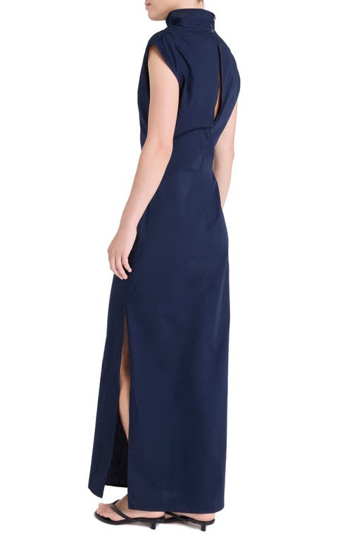 Twp Gathered Mock Neck Maxi Dress In Blue