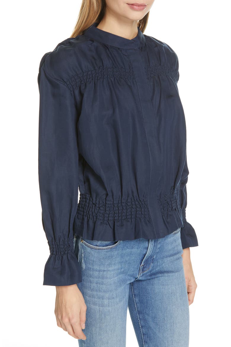 Smocked Zip Front Jacket, Alternate, color, NAVY