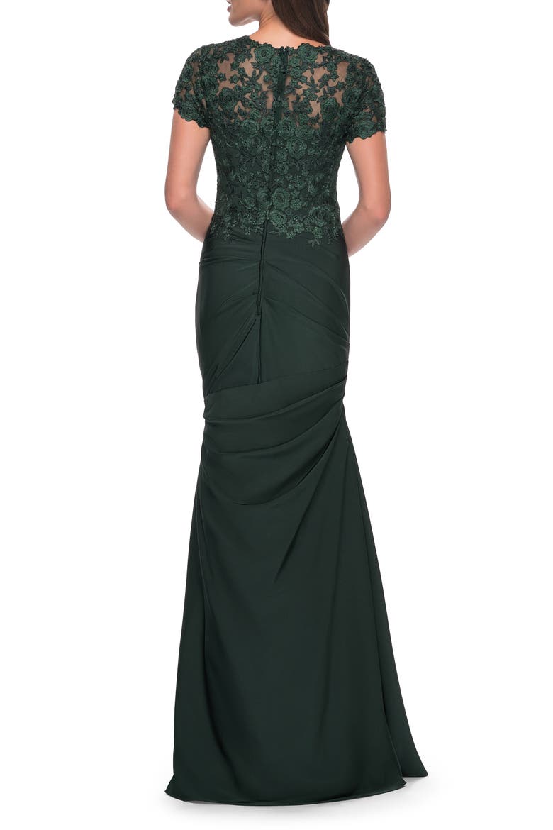 Satin Evening Dress with Lace and Scoop Neckline, Alternate, color, Dark Emerald