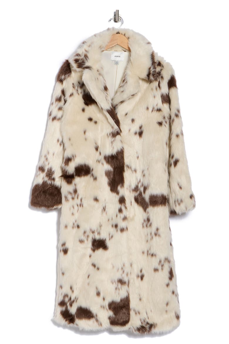 Print Faux Fur Coat, Alternate, color, IVORY/ BROWN COW PRINT