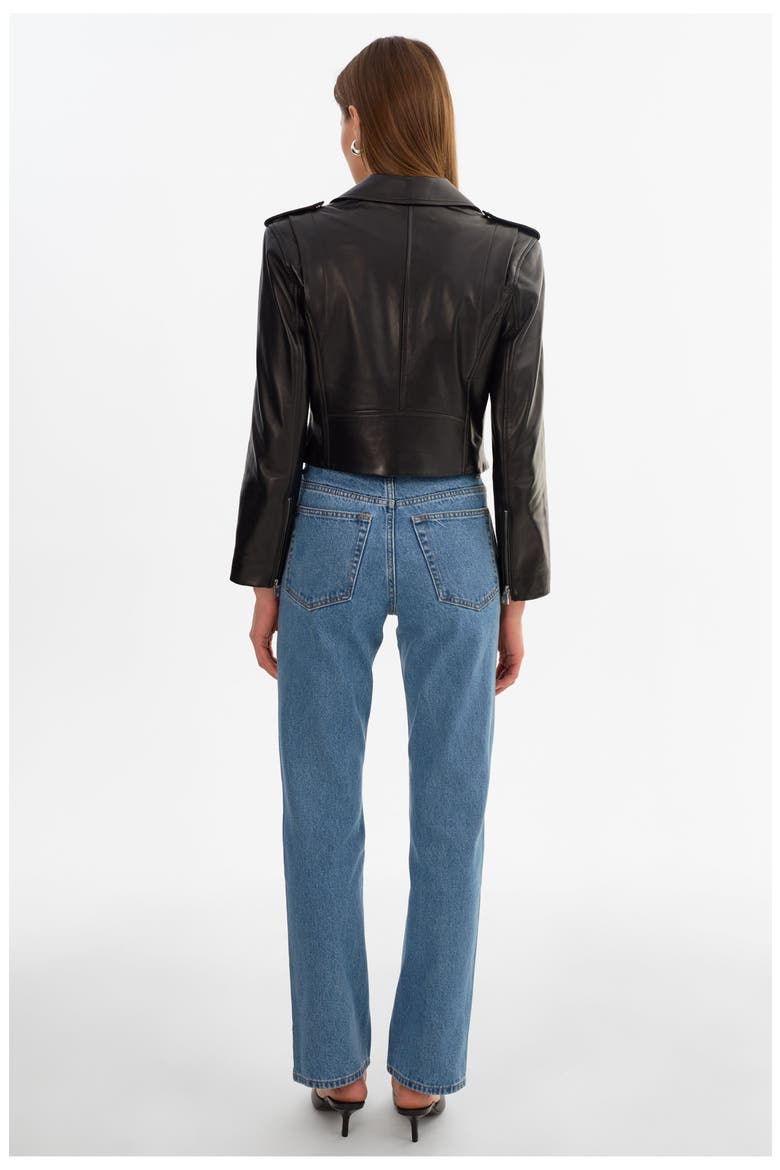 Denalda | Leather Cropped Biker Jacket, Alternate, color, Black