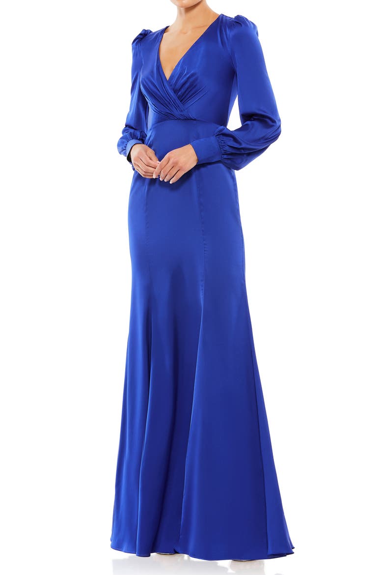Satin Ruched Bishop Sleeve Gown, Main, color, ROYAL