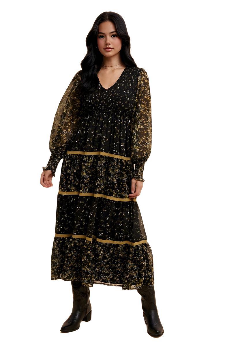 Knit and Lounge Floral Tiered Long Sleeve Midi Dress With Contrast Trim, Alternate, color, Black / Gold