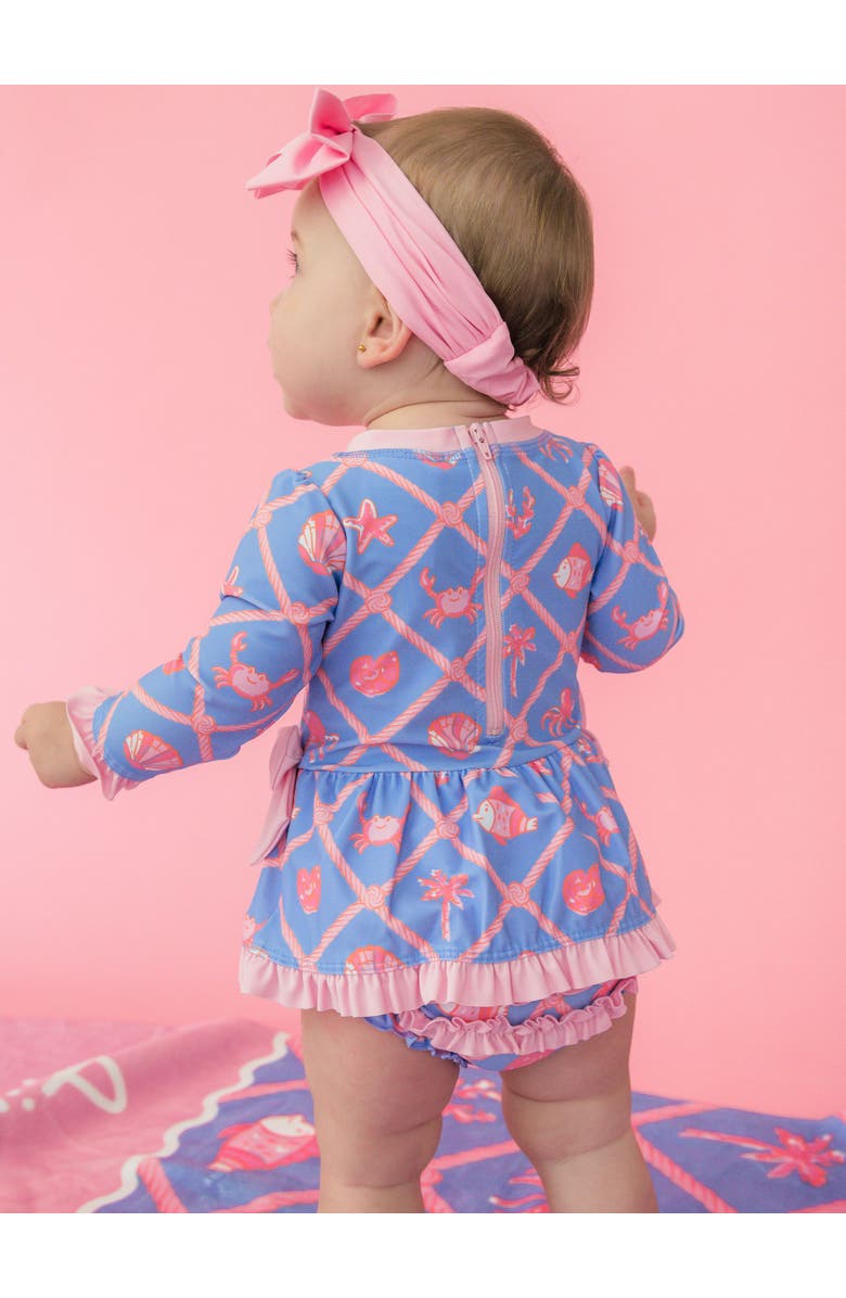 RuffleButts UPF50+ Long Sleeve One Piece Bow Peplum Rash Guard Swimsuit, Alternate, color, Tropical Trellis