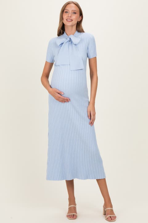 Ribbed Knit Tie Neck Midi Dress