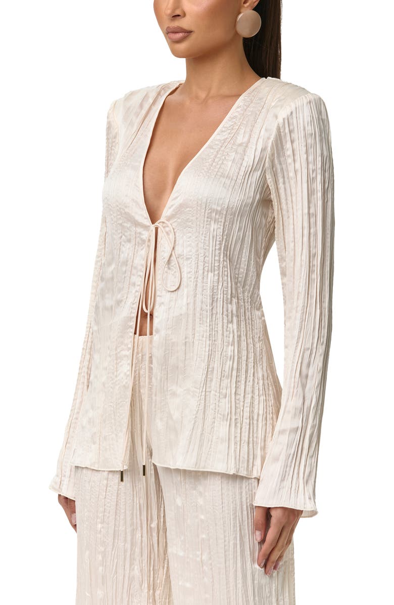 Naked Wardrobe Plissé Tie Front Satin Top, Alternate, color, Crema