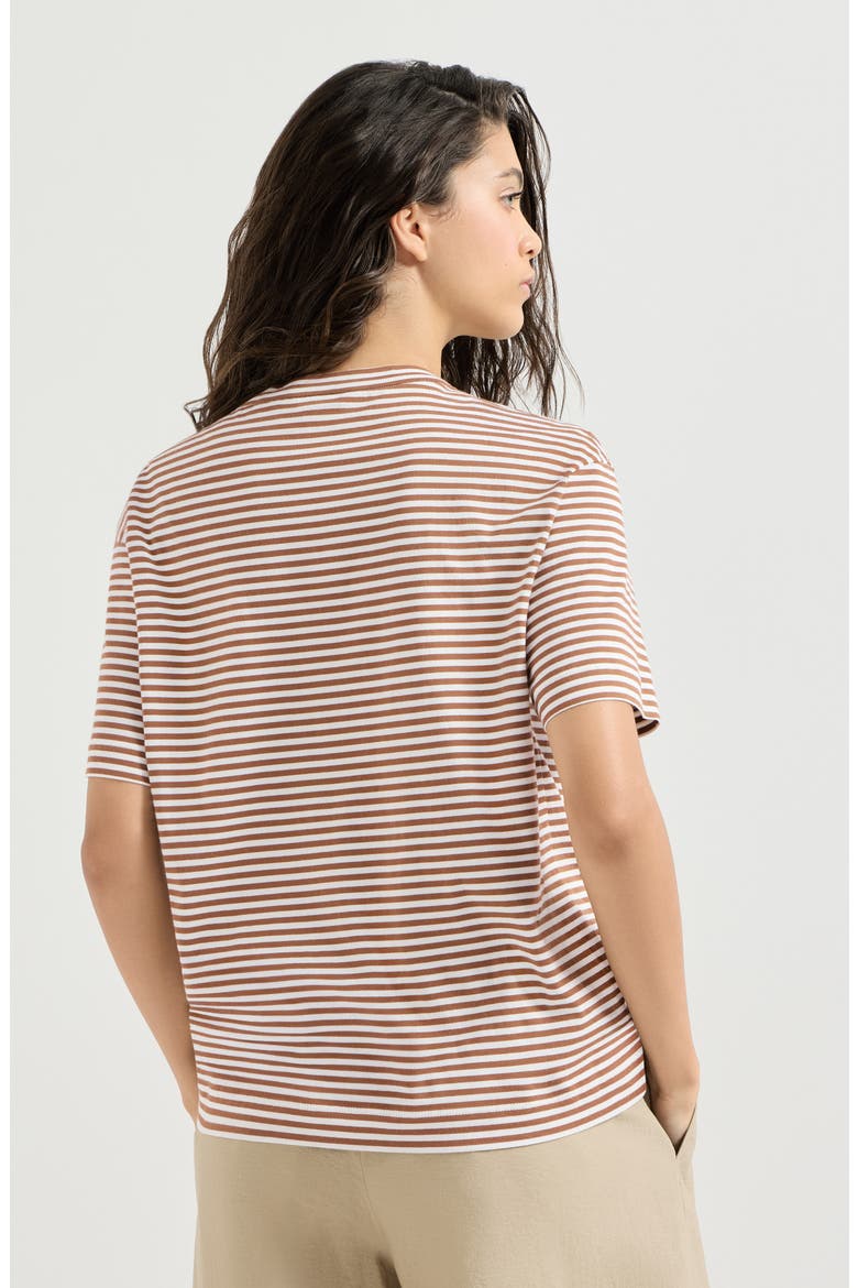 Striped cotton jersey t-shirt with precious neckline, Alternate, color, Light Brown