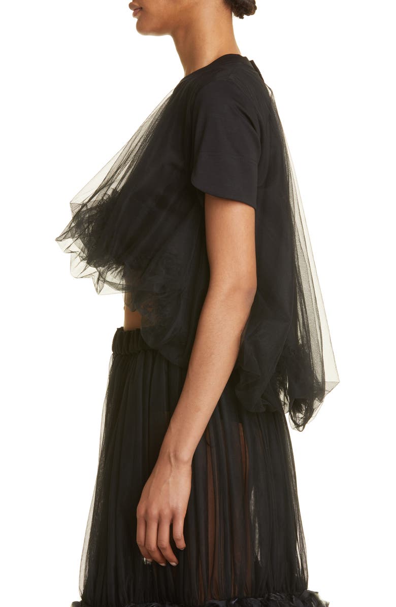 Noir Kei Ninomiya Scallop Hem Ponte Knit & Tulle Top, Alternate, color, 