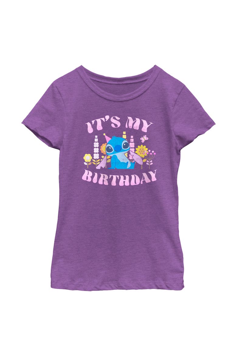 Girl's Lilo & Stitch It's My Birthday Distressed  Graphic T-Shirt, Main, color, Purple Berry