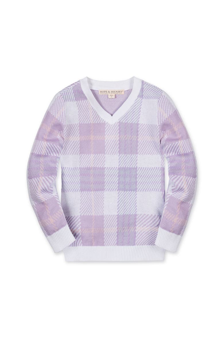 Kids' Organic Long Sleeve V-Neck Intarsia Sweater, Main, color, Monet Plaid Intarsia
