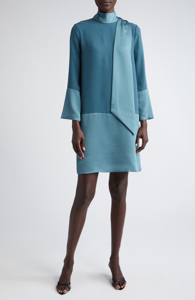 ST. JOHN Scarf Neck Long Sleeve Crepe Back Satin Shift Dress, Main, color, Prussian Blue