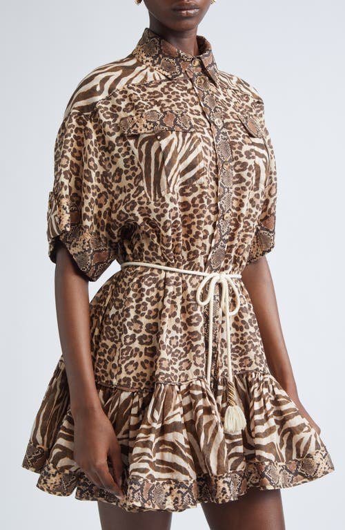 Zimmermann Wanderlust Lantern Belted Printed Cotton Mini Dress In Brown