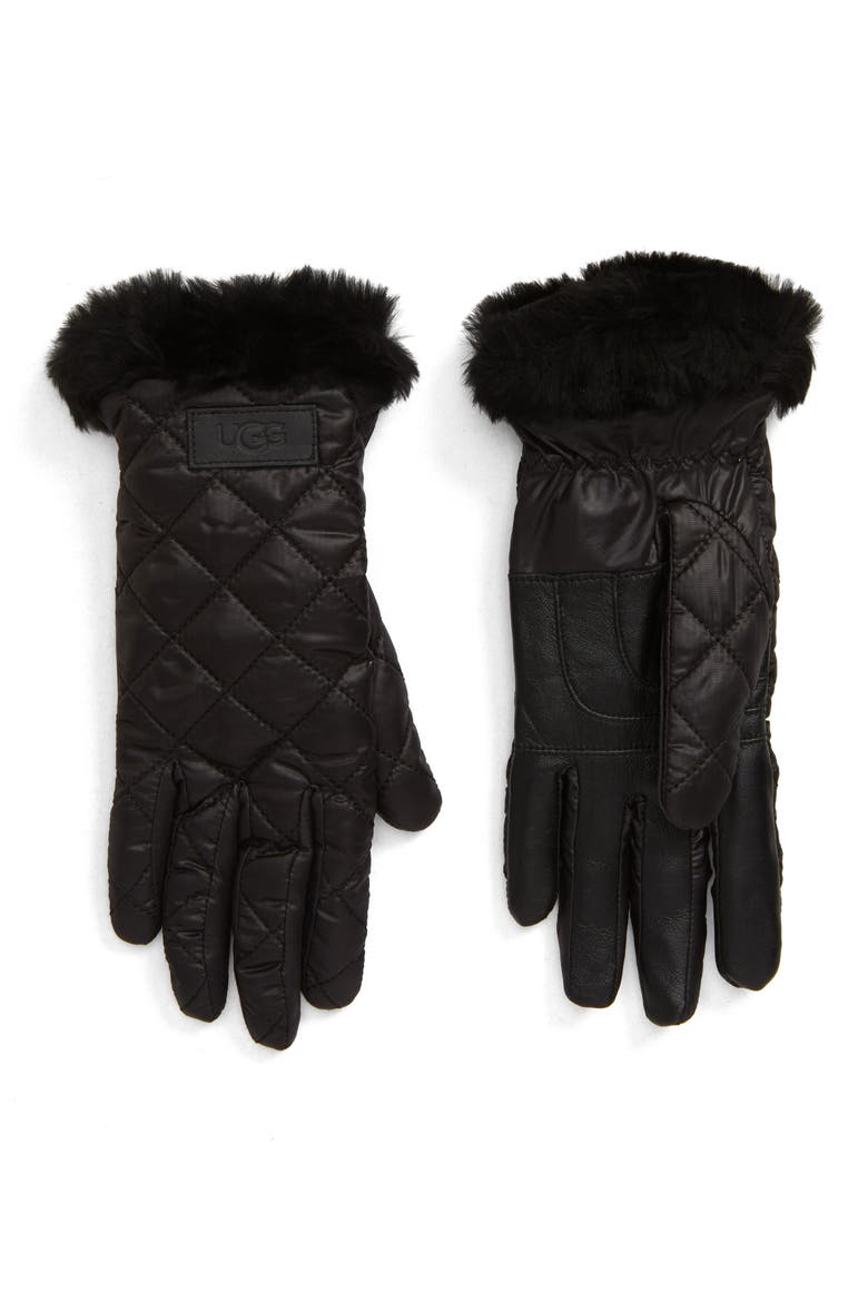 All Weather Touchscreen Compatible Quilted Gloves with Genuine Shearilng Trim, Main, color, BLACK