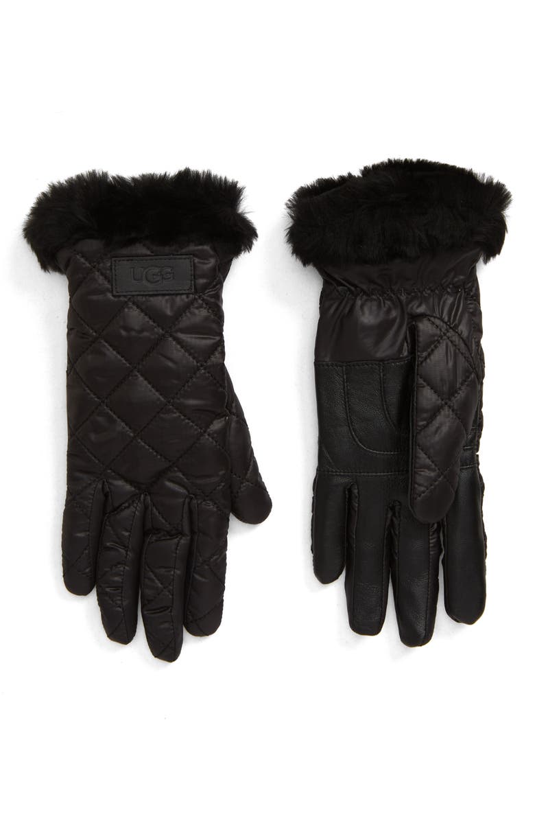 UGG<sup>®</sup> All Weather Touchscreen Compatible Quilted Gloves with Genuine Shearilng Trim, Main, color, 