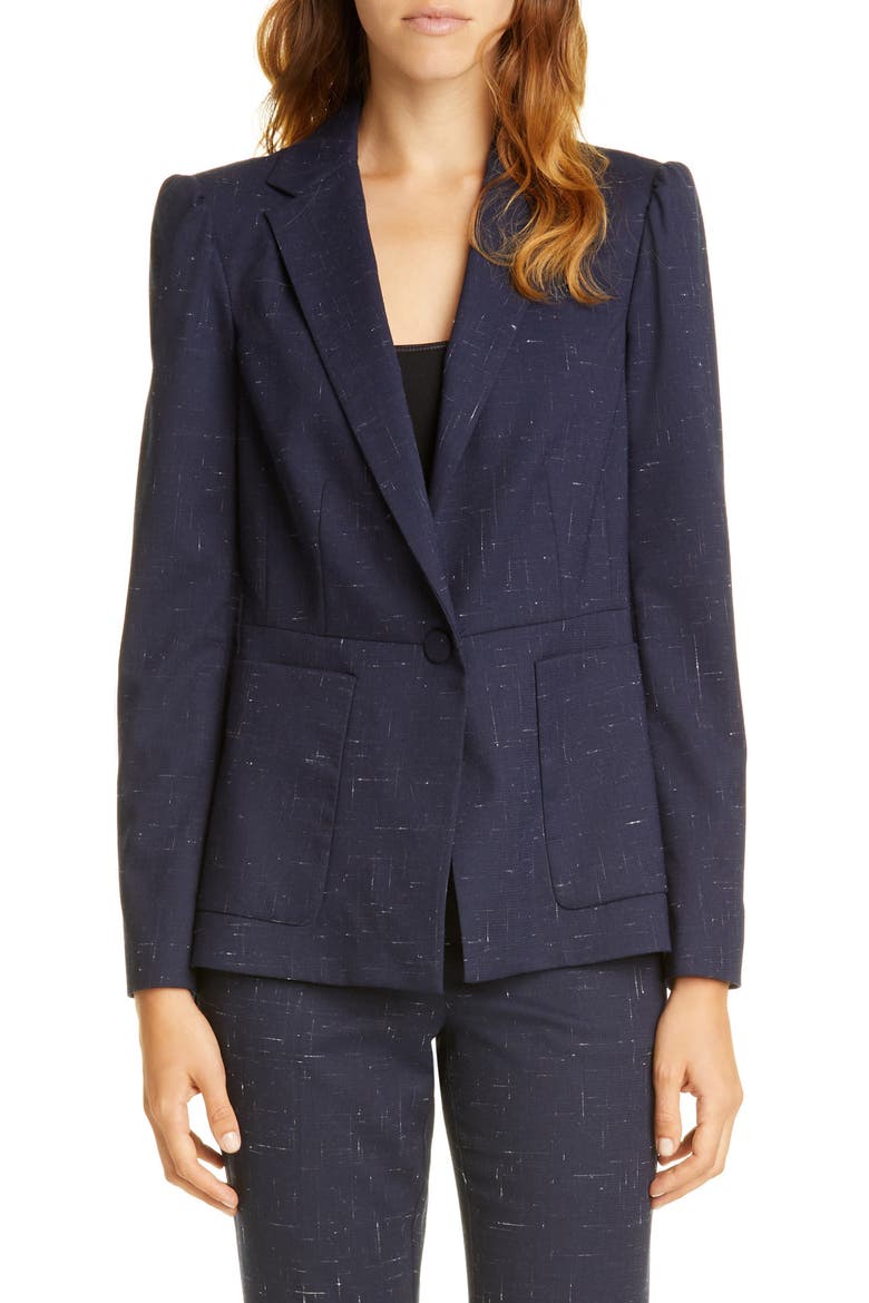 Puff Sleeve Crosshatched Wool Blend Jacket, Main, color, NAVY