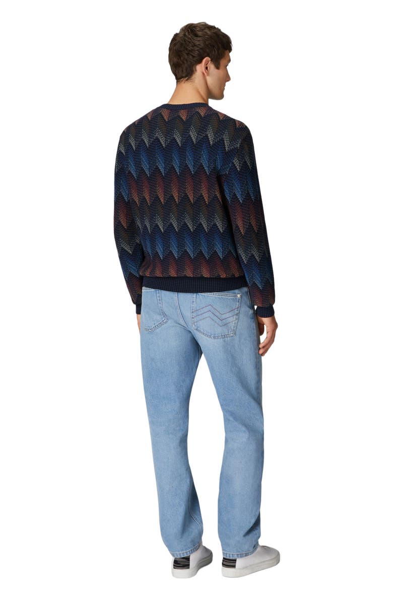 Missoni Crewneck Sweater In Gradient Cotton Chevron Blend With Contrasting Piping, Alternate, color, Blue