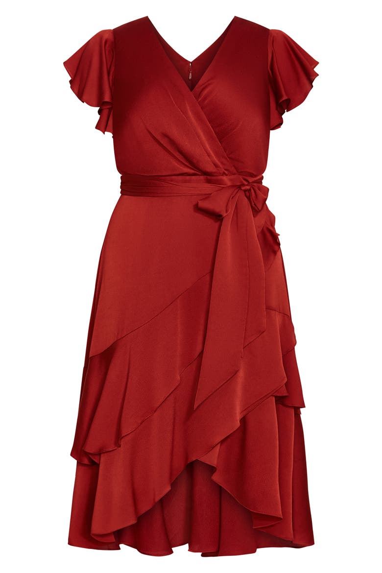 Jen Ruffle Faux Wrap Satin Dress, Alternate, color, TOFFEE