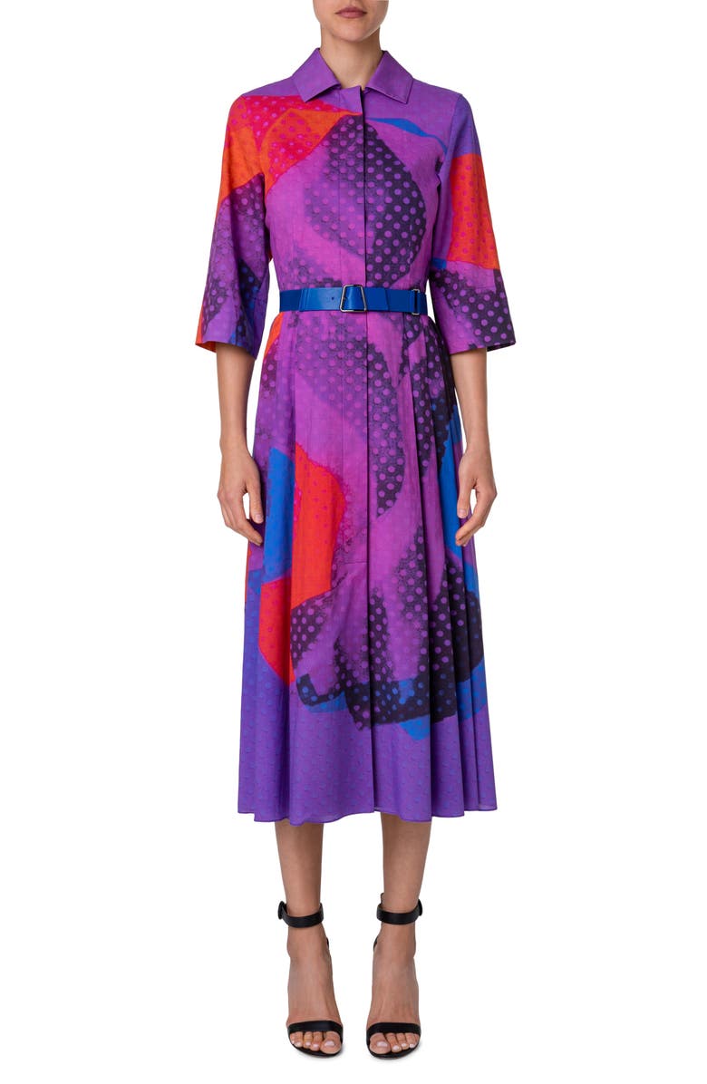 Akris Print Belted Wool & Silk Midi Shirtdress, Alternate, color, 