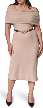 DONNA KARAN Off the Shoulder Belted Knit Dress