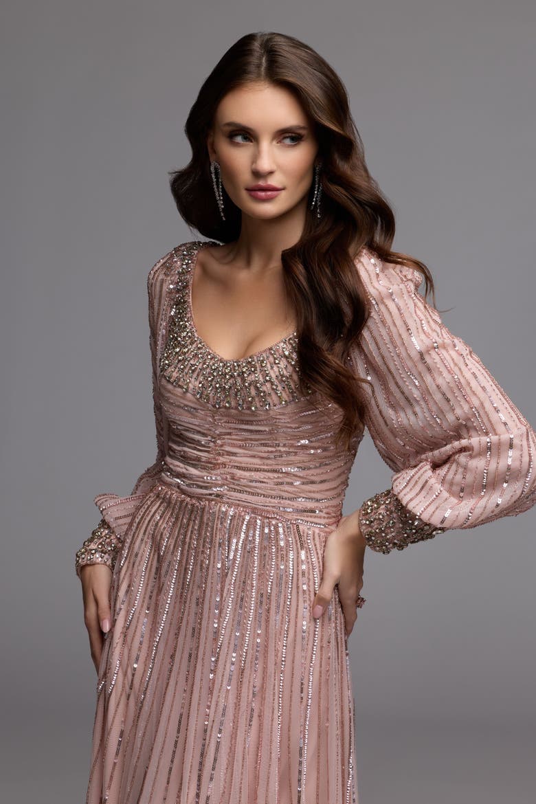 Embellished Long Sleeve Scoop Neck A-Line Gown, Alternate, color, Light Rose