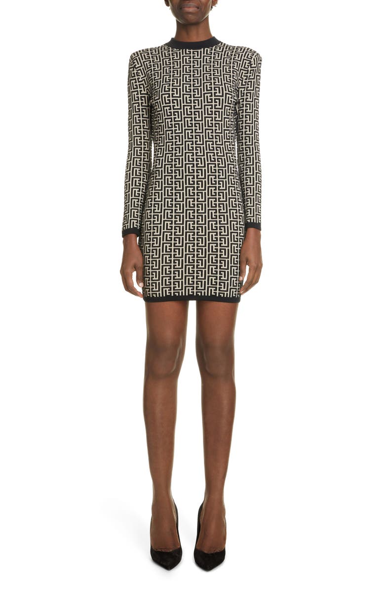 Balmain Monogram Jacquard Long Sleeve Jersey Minidress, Main, color,